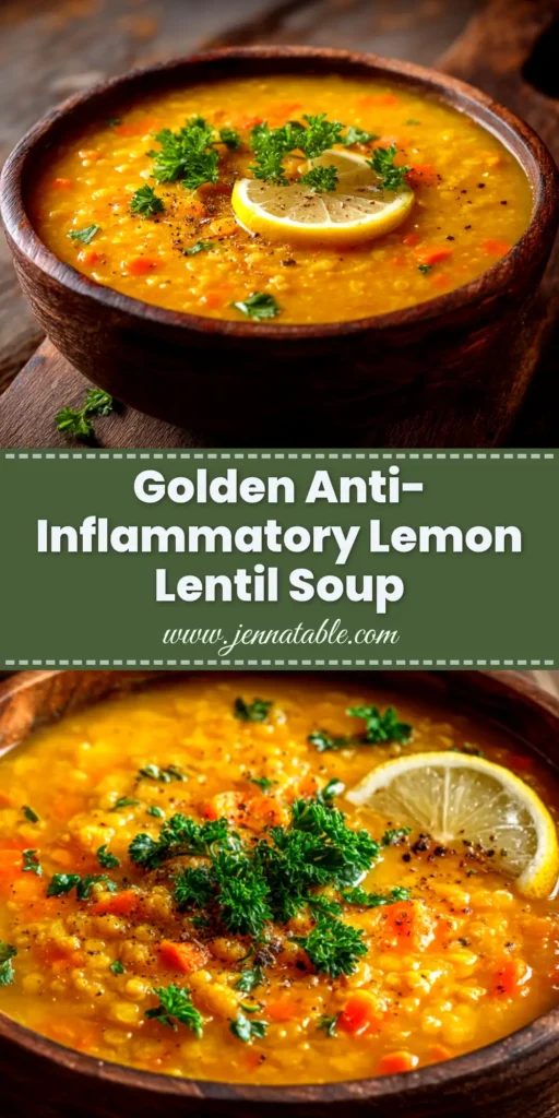 A beautiful bowl of anti-inflammatory lentil soup, garnished with fresh herbs and a swirl of coconut milk, ready to be shared on Pinterest.