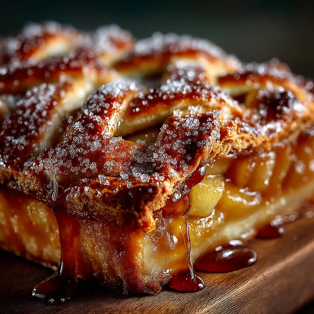 A close-up shot of the corner of the apple slab pie, highlighting the flaky, golden-brown crust and the thick, spiced apple filling.