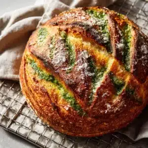 An overhead shot of a freshly baked loaf of artisan pesto bread, with a golden-brown Parmesan crust on a dark surface.