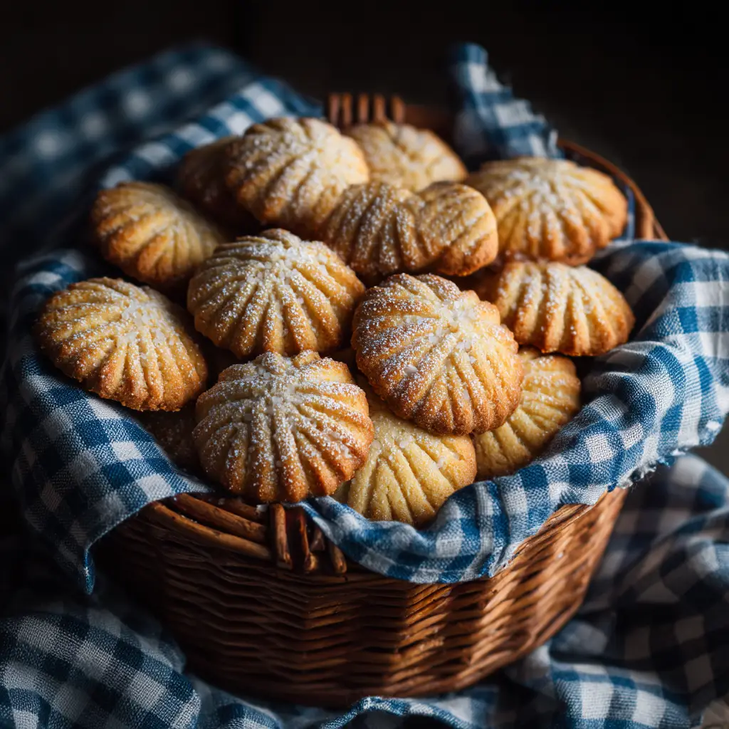 An overhead shot of authentic French salted butter cookies arranged artfully on a dark surface, highlighting their golden color and sandy texture.