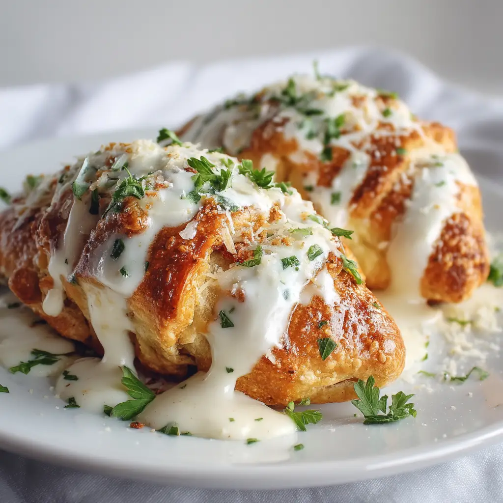 A close-up of two golden-brown baked chicken pillows, showcasing the flaky, buttery crescent roll crust.