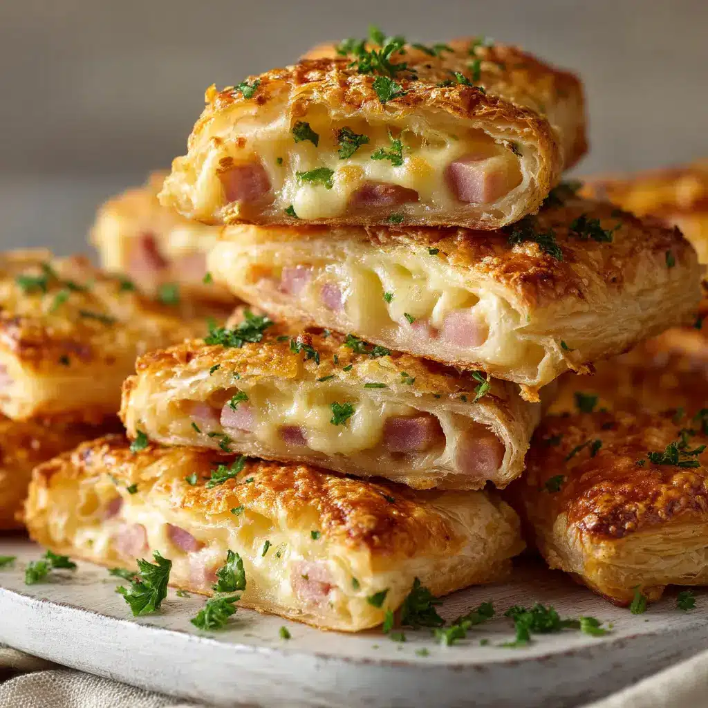 A close-up shot of crispy ham and cheese sticks stacked on a wooden board, highlighting their golden-baked puff pastry texture and melted cheese.