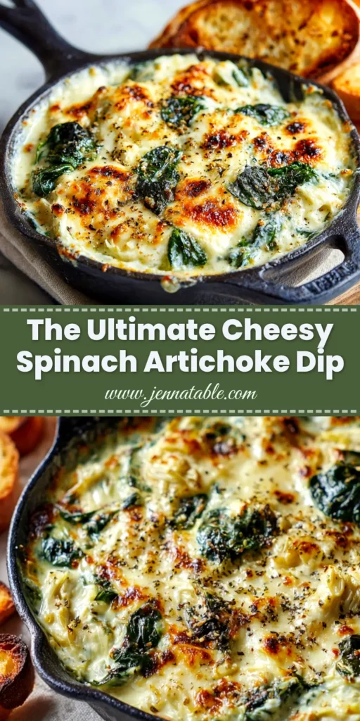The ultimate Baked Spinach Artichoke Dip recipe! A hot, creamy, and cheesy party dip served in a white baking dish with a spoon, ready to be enjoyed. The perfect easy appetizer for a crowd.