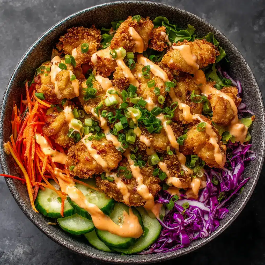 Bang Bang Chicken Bowl: Better Than Takeout 2 A close-up view of a Bang Bang Chicken Bowl, highlighting the crispy texture of the chicken and the creamy homemade bang bang sauce.