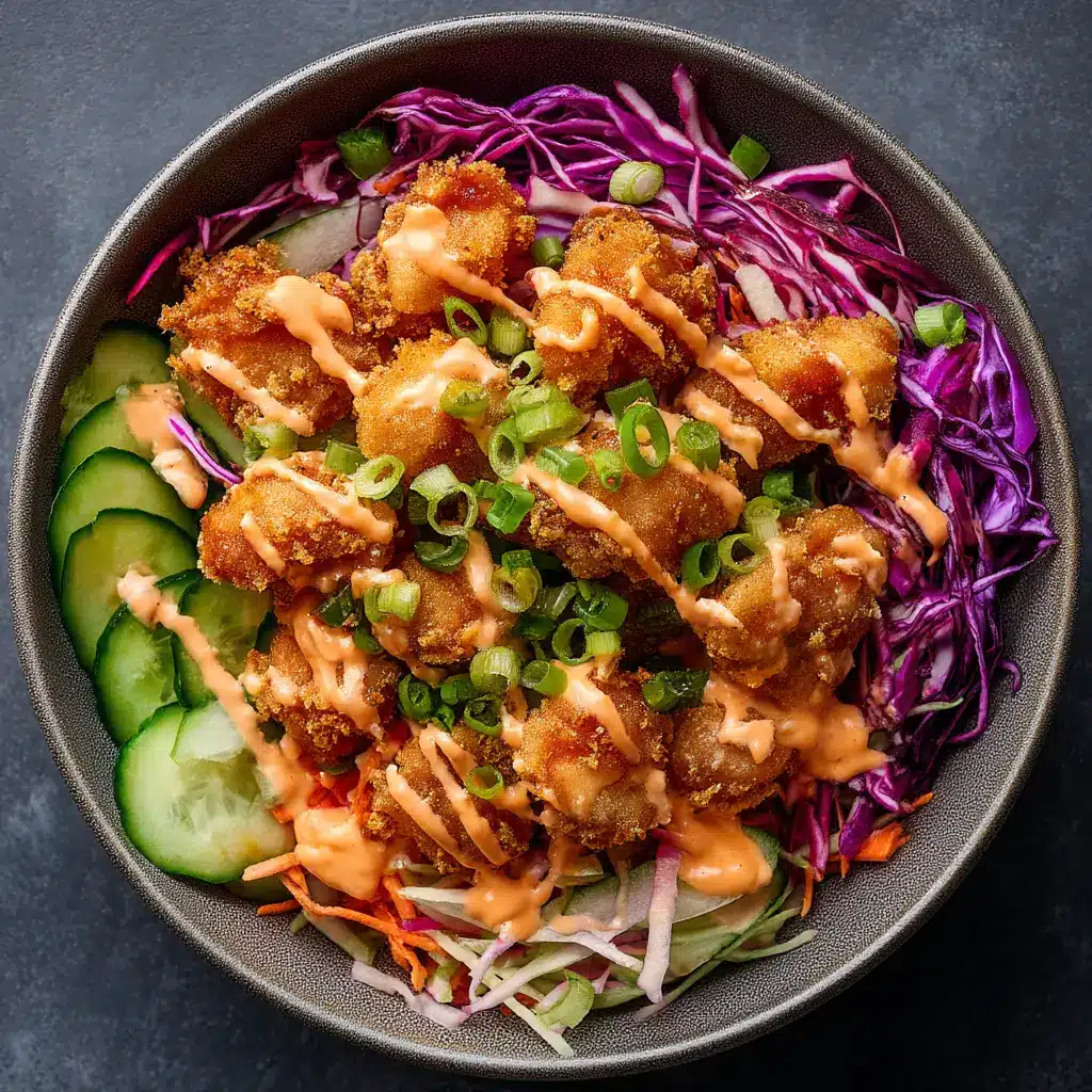 Bang Bang Chicken Bowl: Better Than Takeout 1 Assembling a healthy chicken rice bowl with fresh ingredients like edamame, carrots, and cucumber before adding the spicy bang bang sauce.