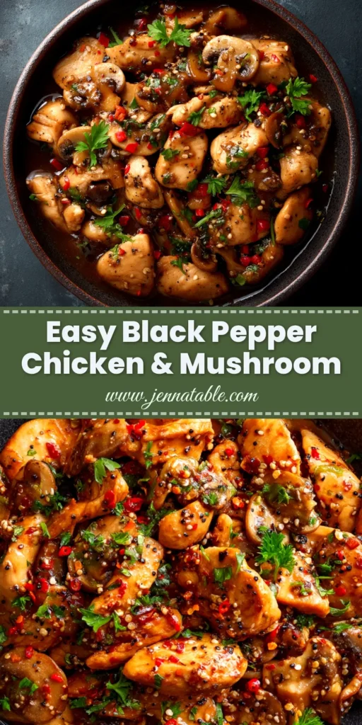 Black Pepper Chicken (Better Than Takeout!) 3 A skillet filled with delicious Black Pepper Chicken, garnished with fresh scallions. The chicken is glossy with a rich, dark sauce, ready to be served over rice.