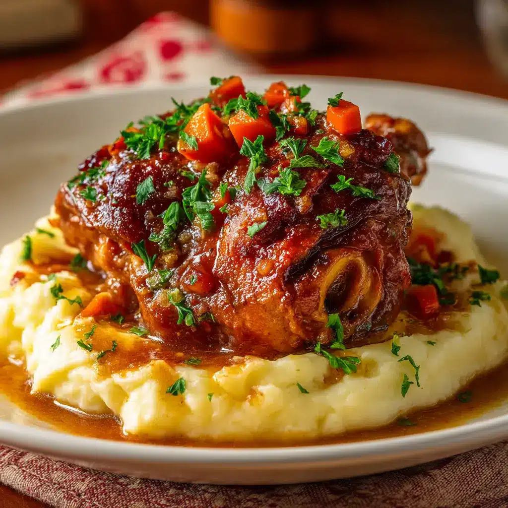Chicken Thigh Osso Bucco: The Ultimate Comfort Food Recipe 2 A close-up shot of braised chicken thighs simmering in a rich, savory tomato and vegetable sauce in a Dutch oven.
