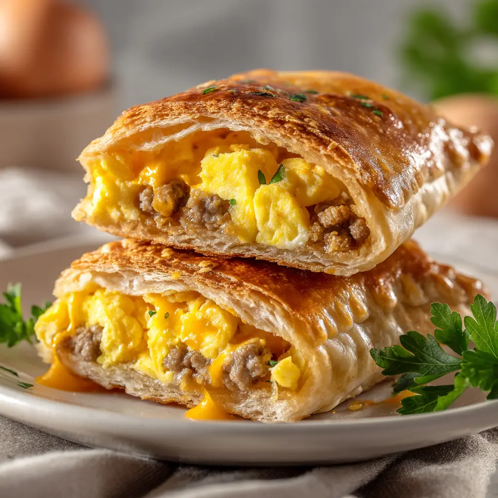 A homemade breakfast hot pocket cut in half to show the delicious interior of cheesy scrambled egg and sausage filling.