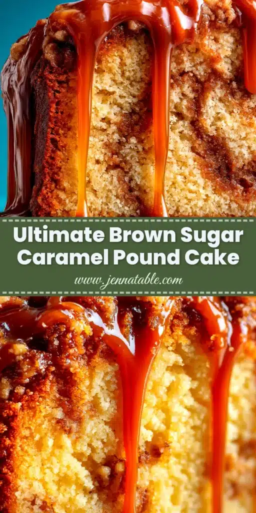 A beautiful Brown Sugar Caramel Pound Cake Recipe on a white cake stand, with a slice cut out to show the moist, dense crumb inside. The cake is dripping with a silky caramel glaze.