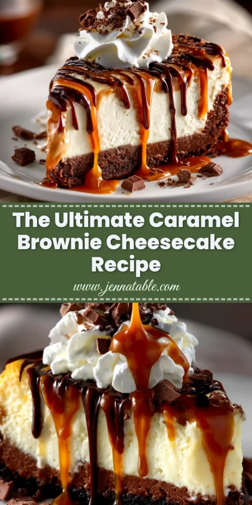 A stunning hero shot of the entire Caramel Brownie Cheesecake on a serving platter, with a slice removed to show the distinct layers of fudgy brownie and creamy cheesecake, all topped with a generous drizzle of homemade caramel.