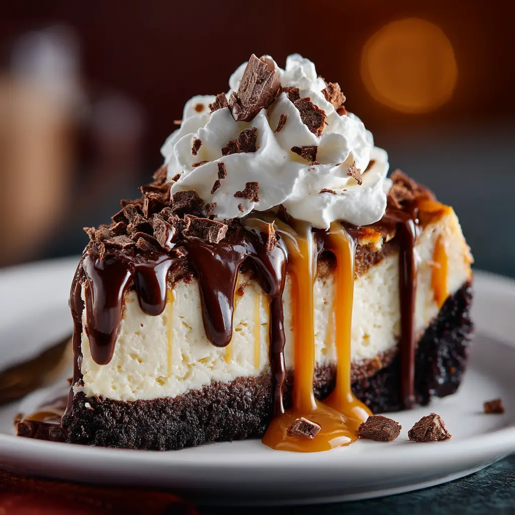An overhead shot of a slice of caramel brownie cheesecake, with a fork taking the first bite, illustrating the dessert's decadent and creamy texture.