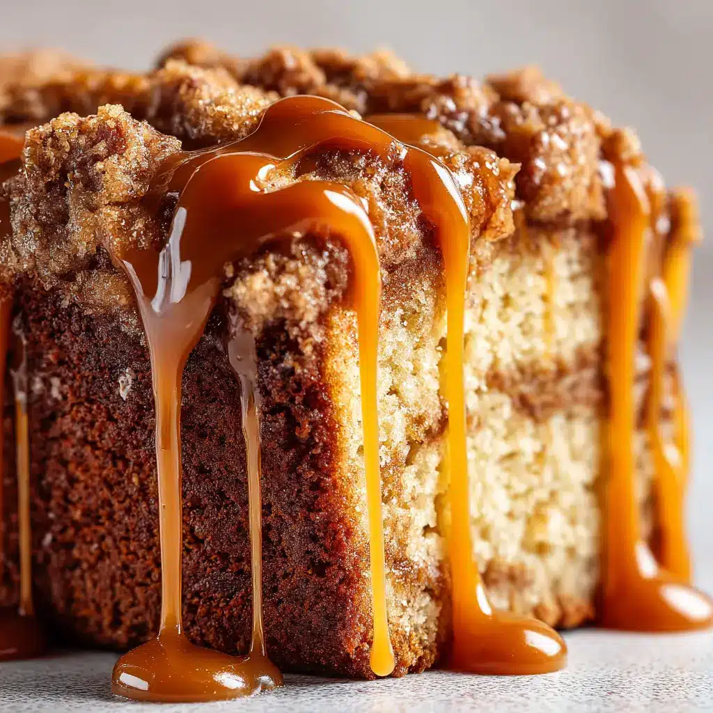 A close-up view of the rich caramel glaze dripping down the side of a brown sugar pound cake, showing its glossy texture.