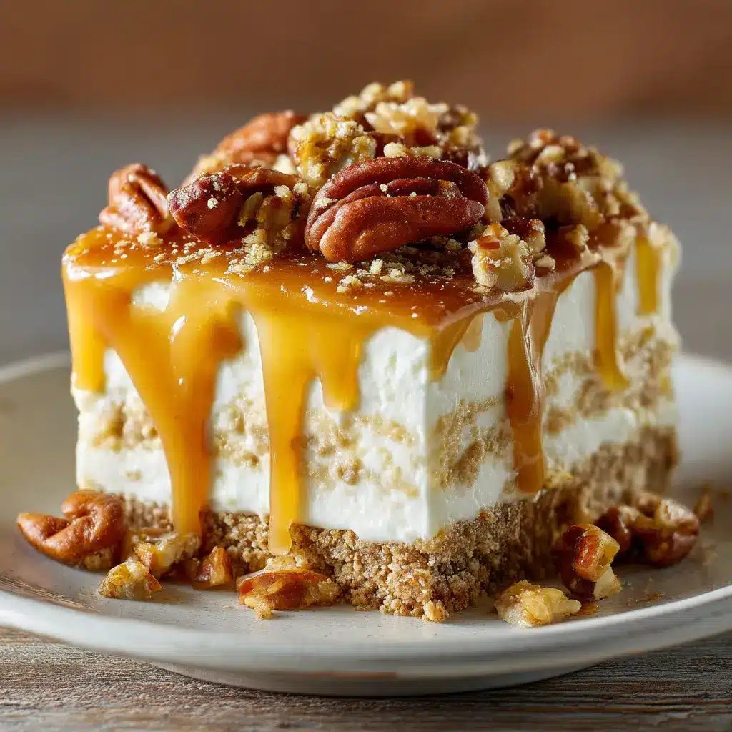 A single, perfect square slice of caramel pecan layered dessert on a white plate, showcasing the distinct layers.