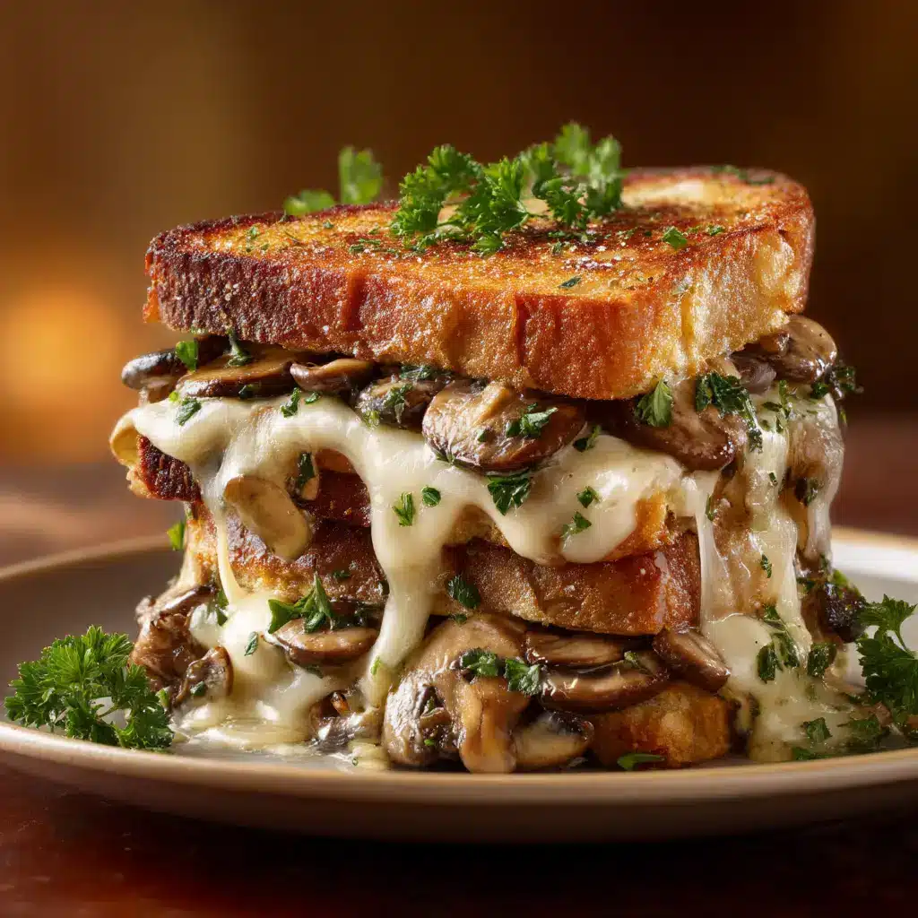 A gourmet caramelized onion and mushroom melt sandwich served on a rustic wooden board, ready to be eaten.