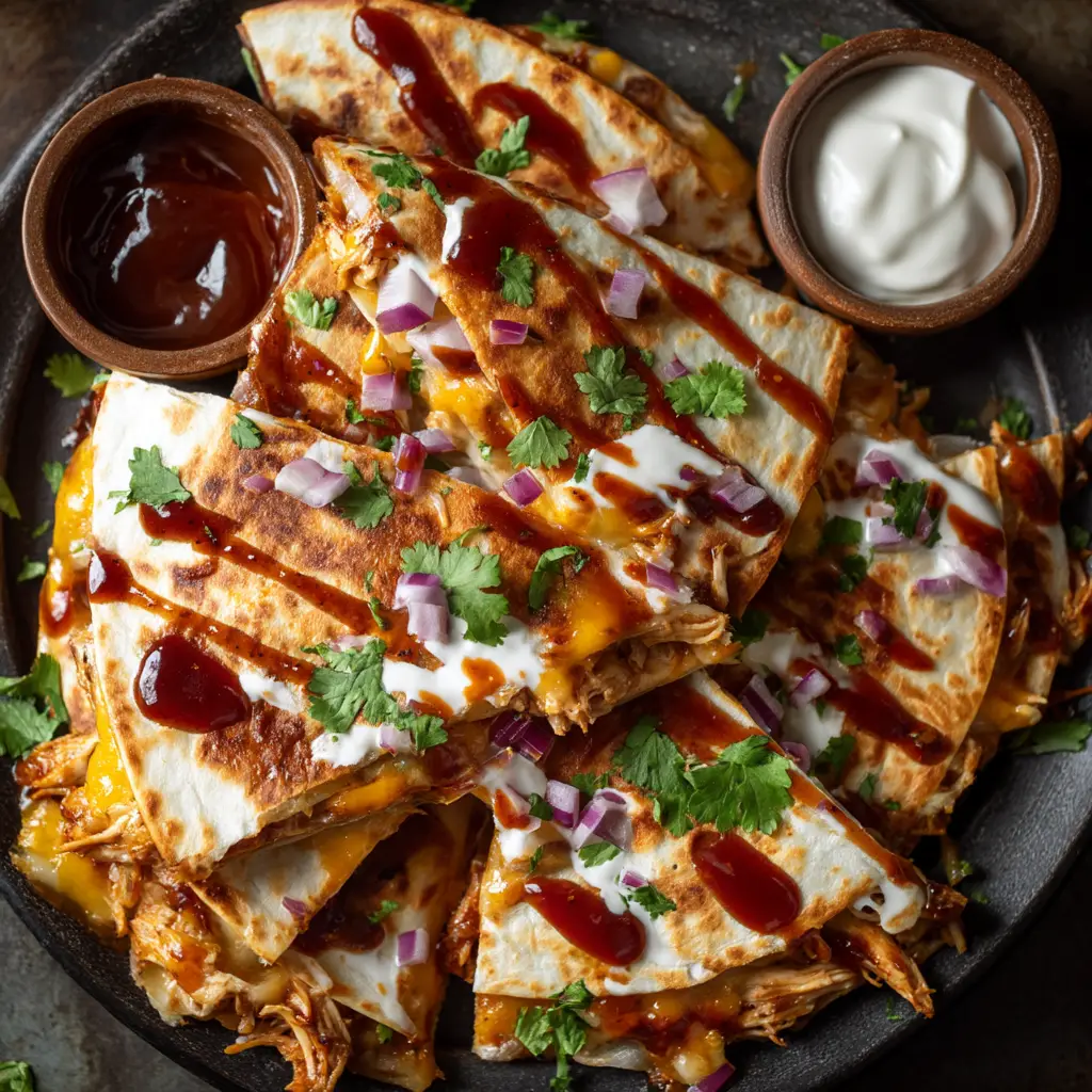 Hot Honey Chicken Quesadillas: Sweet, Spicy, and Extra Cheesy 2 An overhead close-up shot of a cheesy hot honey chicken quesadilla, showing the crispy golden tortilla and savory filling.