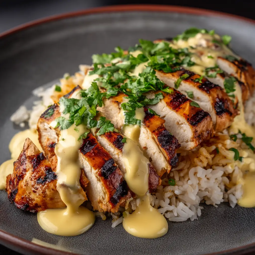 A skillet showing the creamy, melted cheese sauce with chicken being stirred in for the final step of the chicken and queso dish.