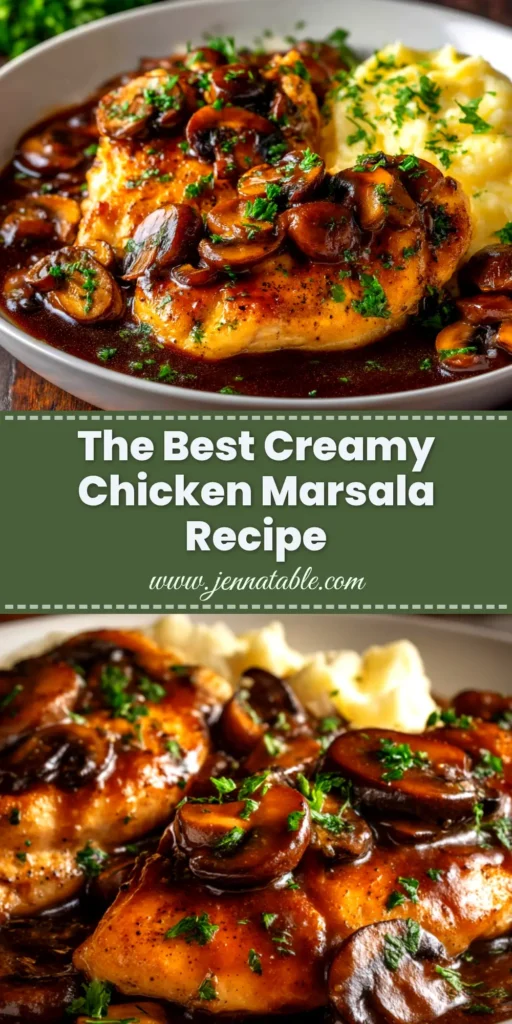 An overhead shot of the best Chicken Marsala Recipe, served in a white bowl with fresh parsley. The chicken is covered in a rich and creamy mushroom sauce.