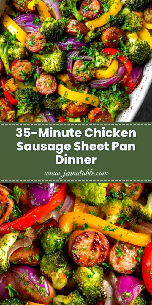 A colorful and healthy Chicken Sausage Sheet Pan Dinner with roasted broccoli, peppers, and potatoes on a baking sheet, ready to be served.