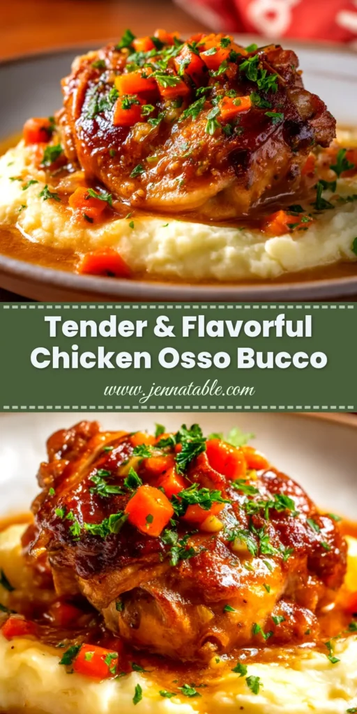 Chicken Thigh Osso Bucco: The Ultimate Comfort Food Recipe 4 A serving of Chicken Thigh Osso Bucco in a rustic bowl, showing fall-off-the-bone tender chicken in a rich tomato sauce, topped with fresh gremolata and served over creamy polenta.