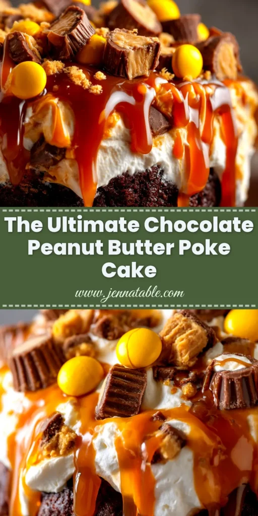 An overhead shot of a delicious Chocolate Peanut Butter Poke Cake in a baking dish, topped with chocolate sauce and chopped peanut butter cups. The perfect easy dessert recipe.