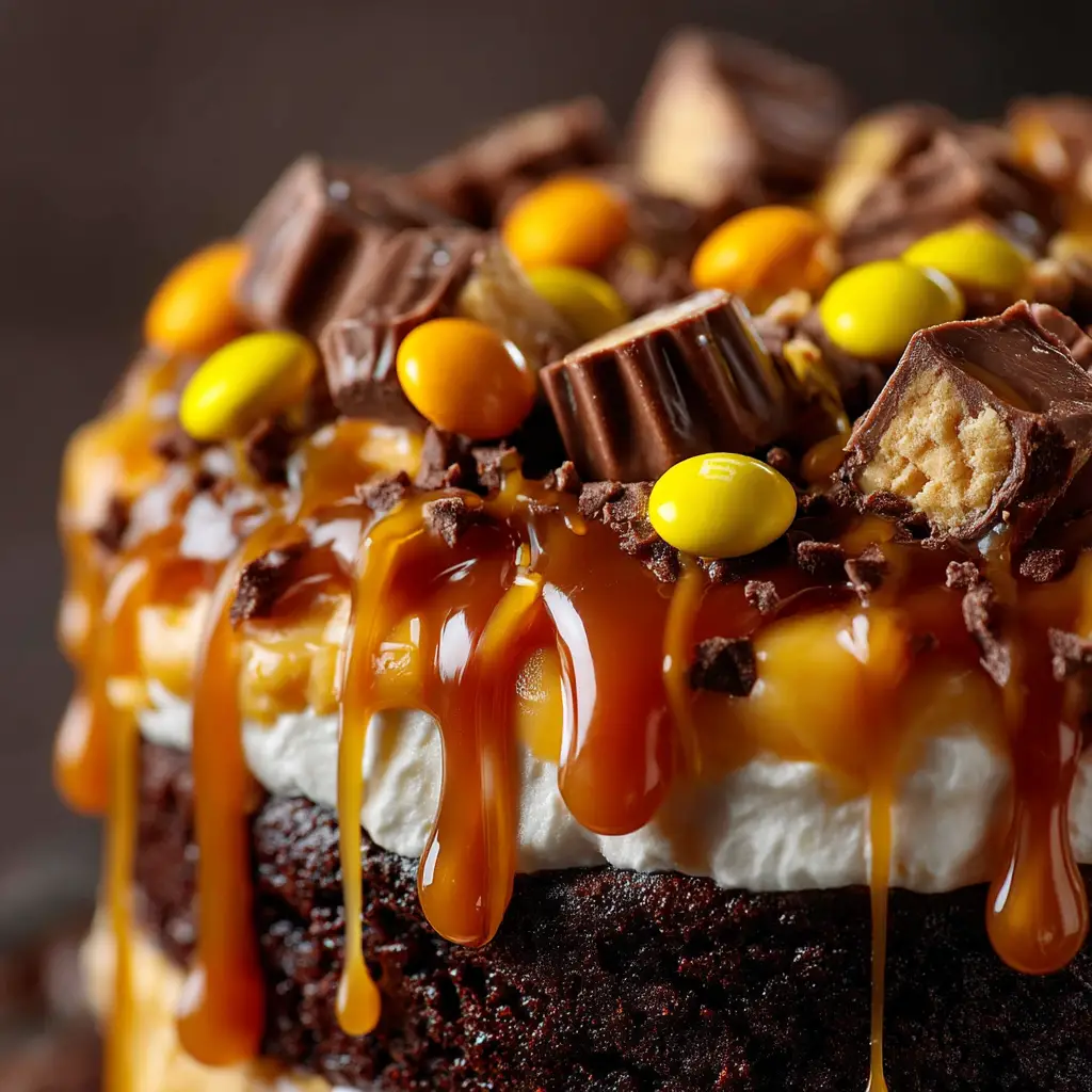 A close-up slice of moist chocolate poke cake reveals the creamy peanut butter filling soaked into every layer. Topped with fluffy frosting and chopped Reese's.
