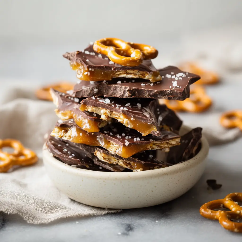 A close-up view of chocolate pretzel bark with a golden caramel drizzle and a sprinkle of flaky sea salt on top.