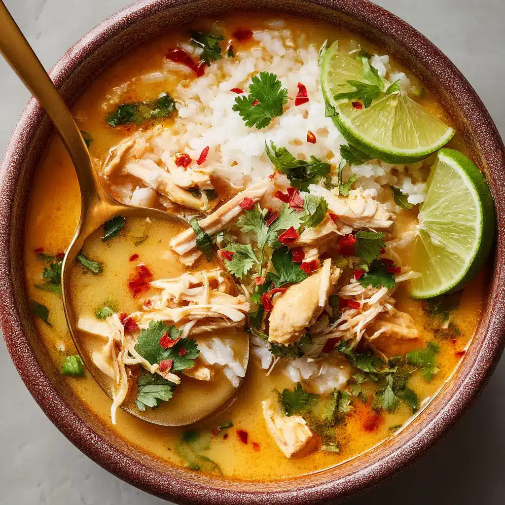 A close-up of the coconut milk chicken recipe in a bowl, garnished with bright green cilantro and a slice of lime. A fork is ready to dig in.