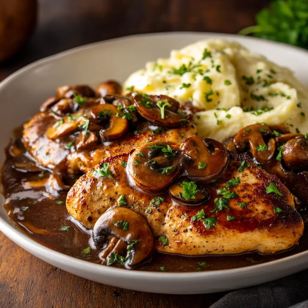 A pan of chicken marsala being cooked, with golden-brown chicken cutlets simmering in the mushroom and wine sauce.