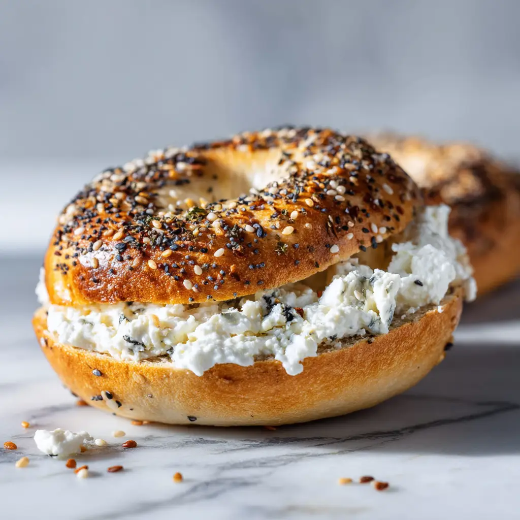 A sliced high-protein bagel made with cottage cheese, showing the soft and chewy texture inside.