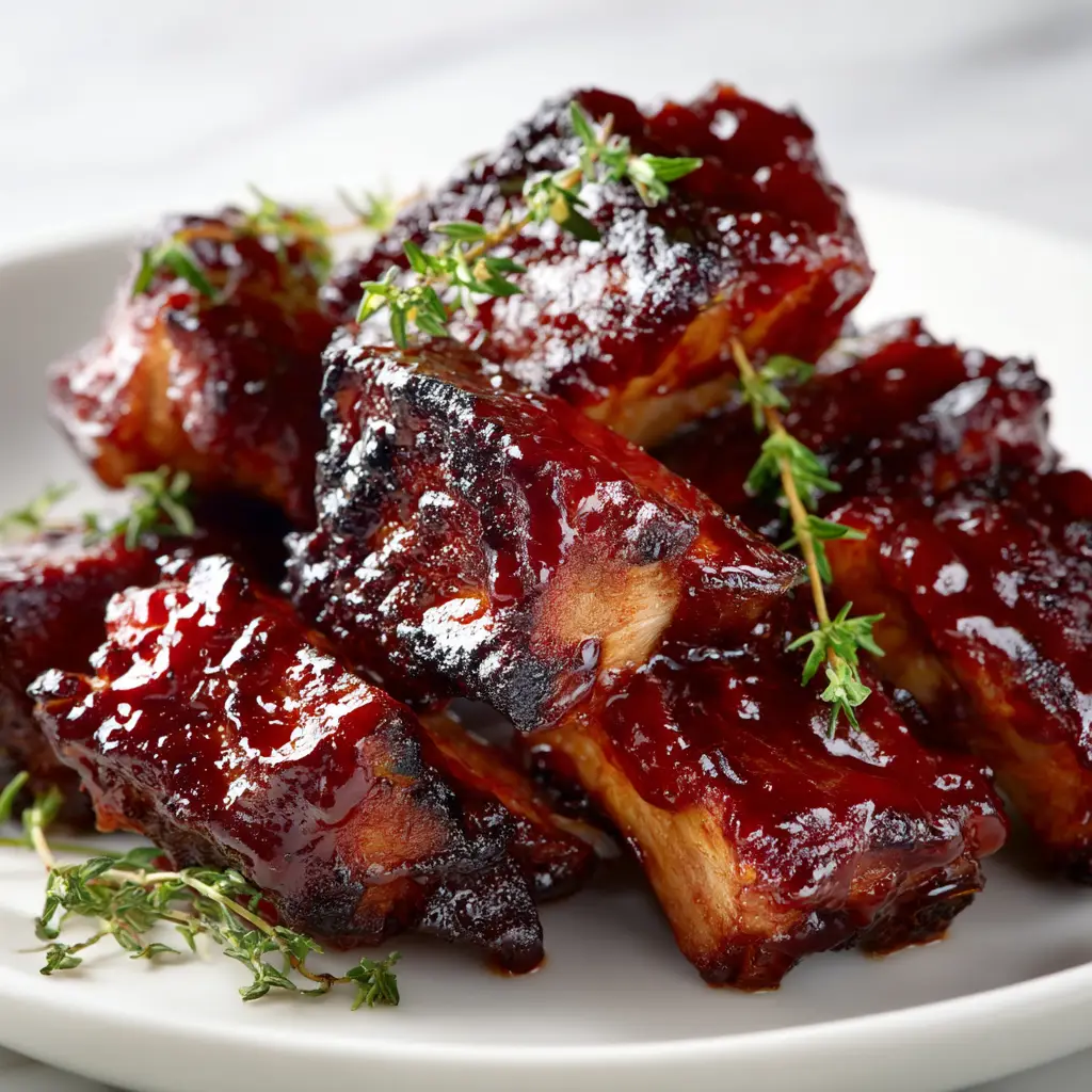 Country style pork ribs being brushed with BBQ sauce on a baking sheet before the final broil. The ribs are browned and ready for the glaze.