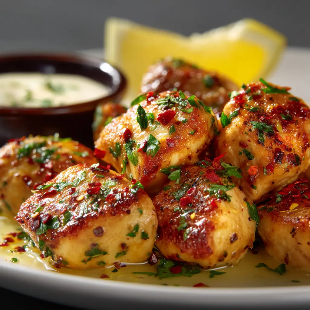 A serving of Cowboy Butter Chicken Bites on a plate, garnished with fresh chives and ready to be eaten.