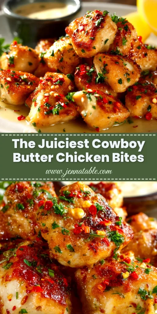 A skillet full of golden brown Cowboy Butter Chicken Bites garnished with fresh parsley, with a text overlay for Pinterest.