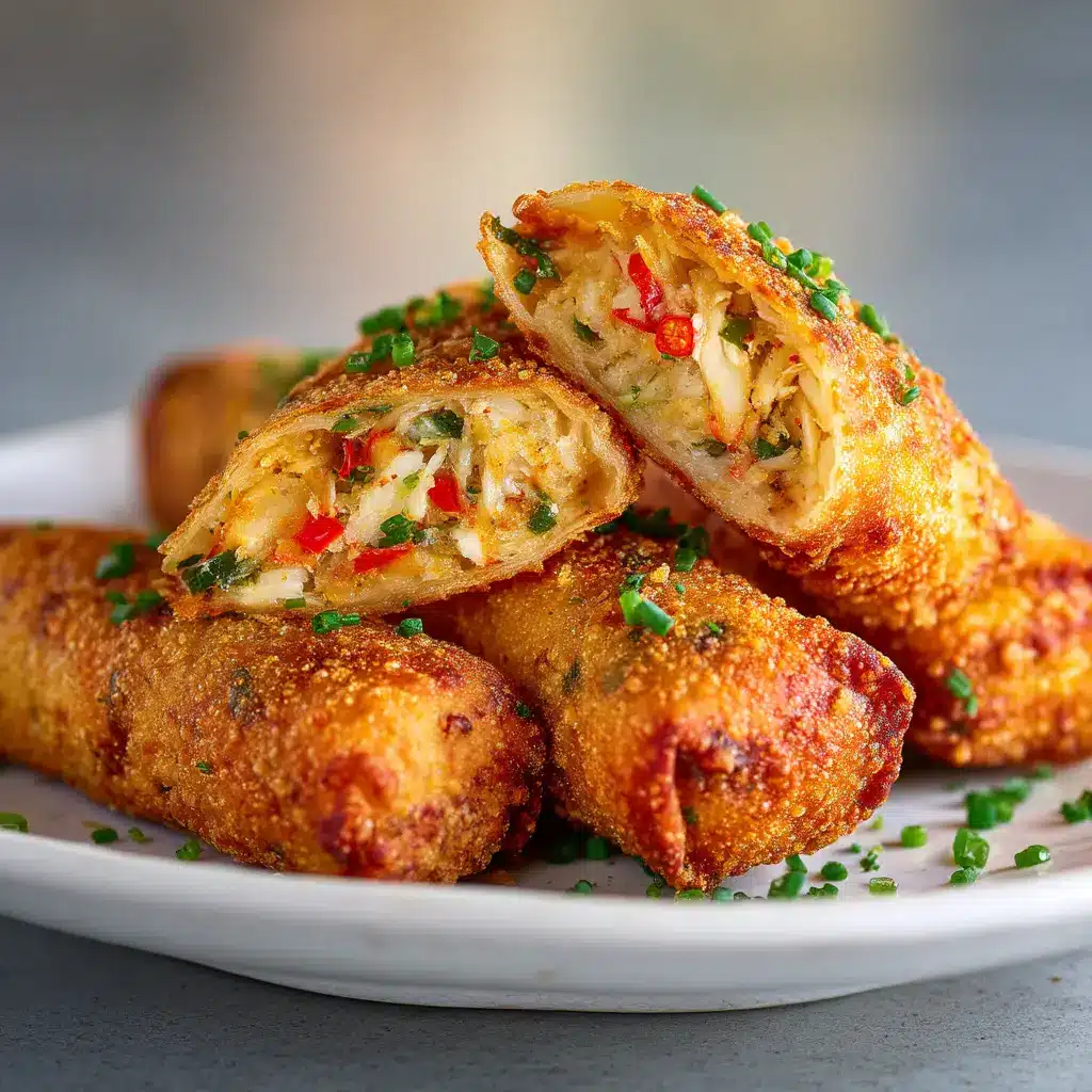 A crab cake egg roll cut in half to show the rich, creamy lump crab meat filling inside the crispy wrapper.