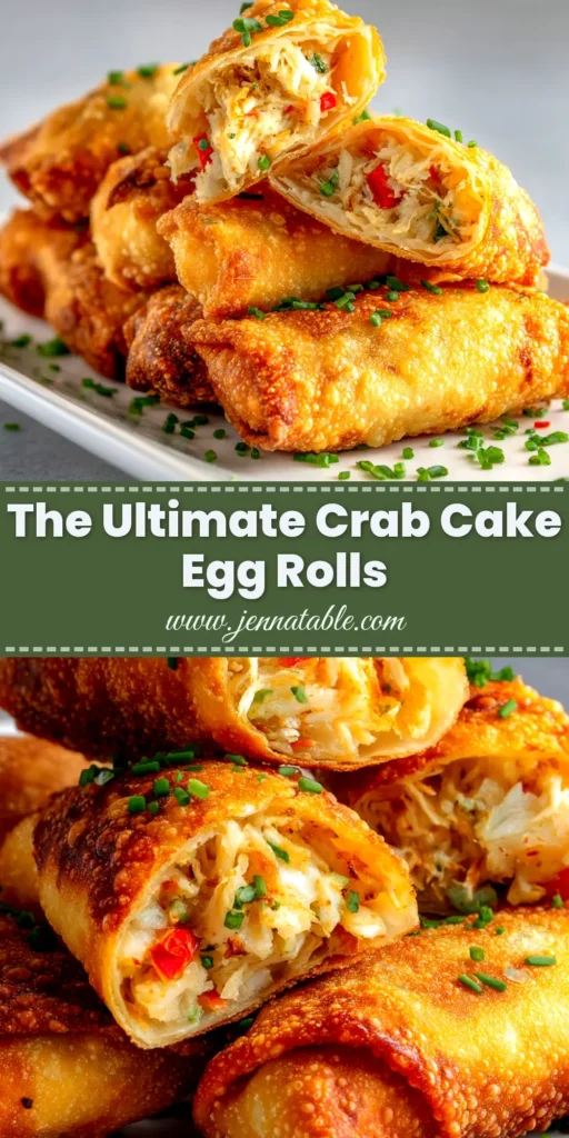 A platter of golden brown, crispy Crab Cake Egg Rolls served with a creamy dipping sauce. The perfect seafood appetizer recipe.