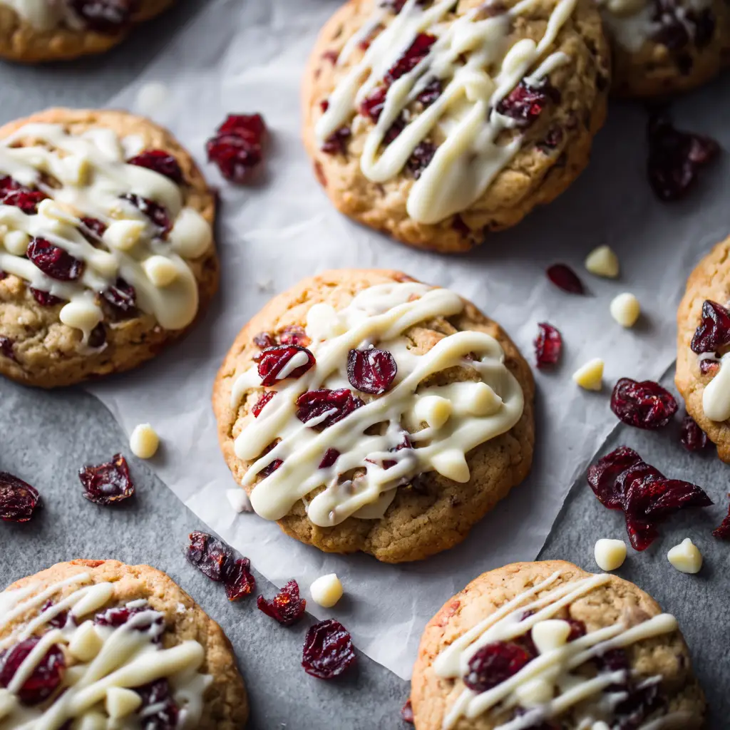 An overhead flat lay of freshly baked cranberry bliss cookies arranged neatly on a cooling rack, showcasing their golden-brown edges and white chocolate chips.