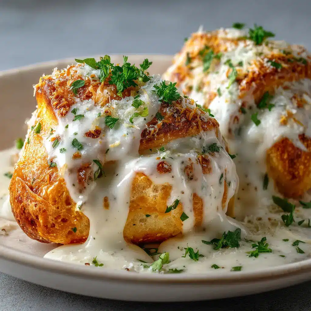 A chicken pillow cut in half, revealing the creamy chicken and cream cheese filling inside.