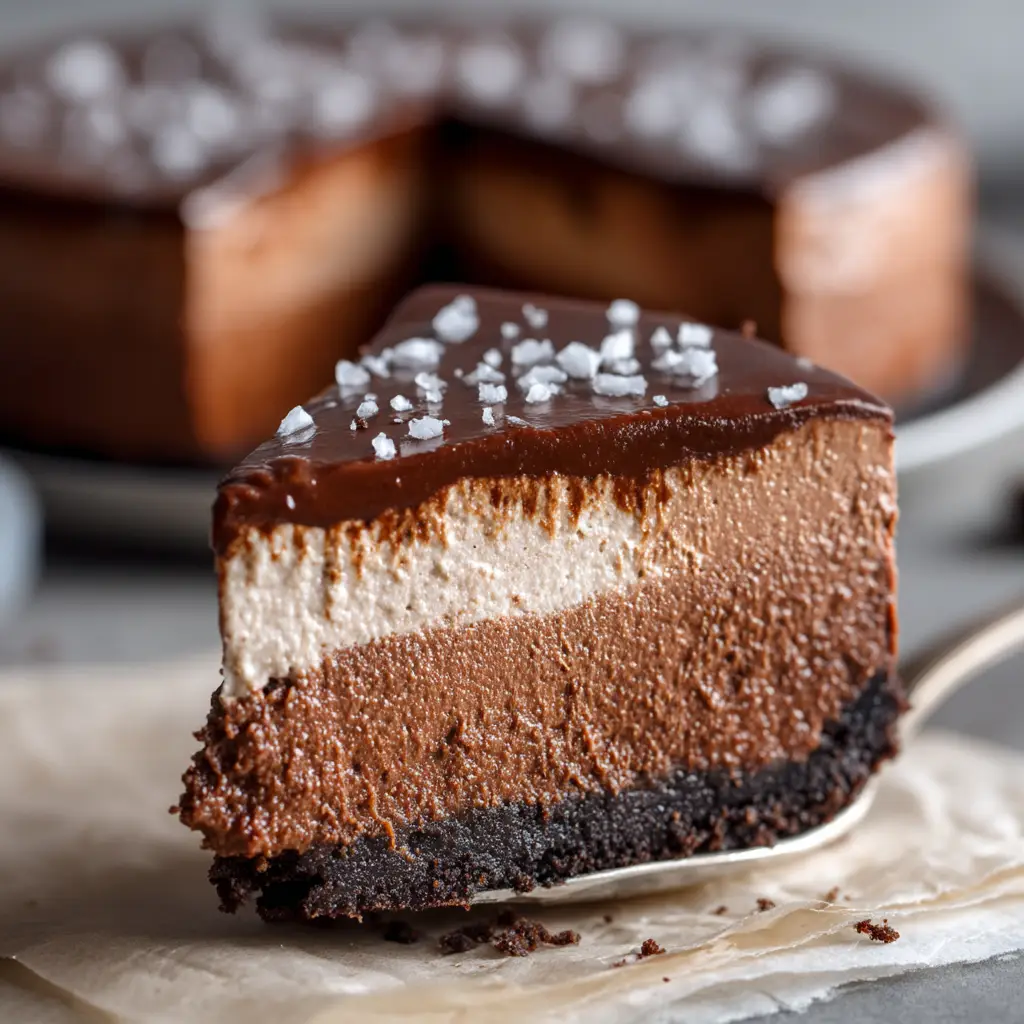 A fork cutting into a slice of no-bake chocolate cheesecake, revealing the light and airy texture of the mousse.