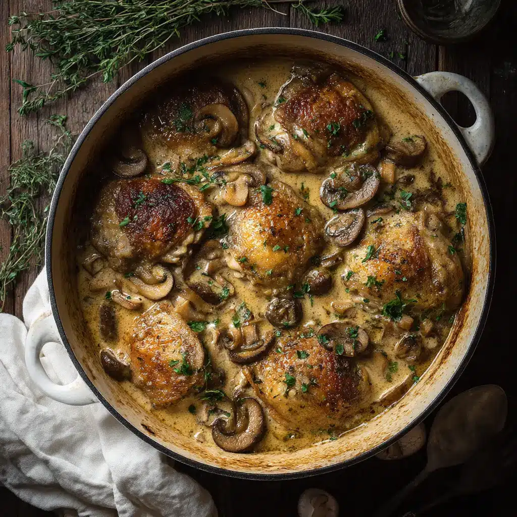 A white enamel pot filled with creamy crockpot mushroom chicken, showcasing tender chicken pieces and sliced mushrooms in a rich sauce.