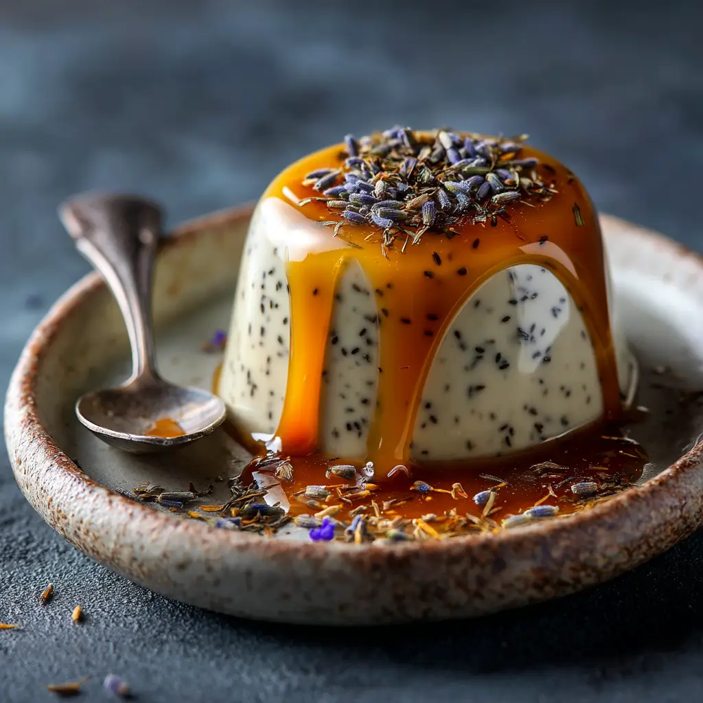 A close-up of the creamy tea-infused panna cotta, highlighting its flawless, silky texture just before serving.