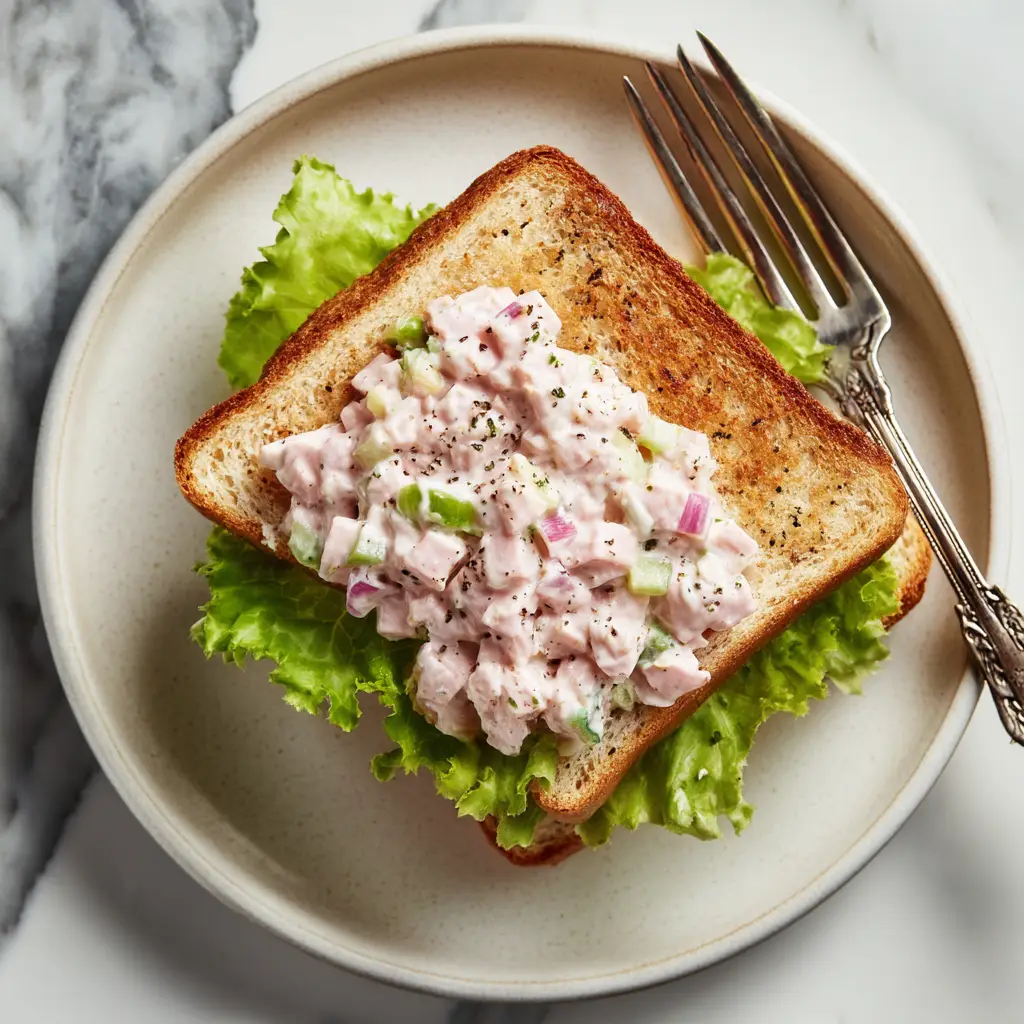 A bowl of creamy ham salad next to ingredients like celery and onion, showcasing what to put in a ham salad.