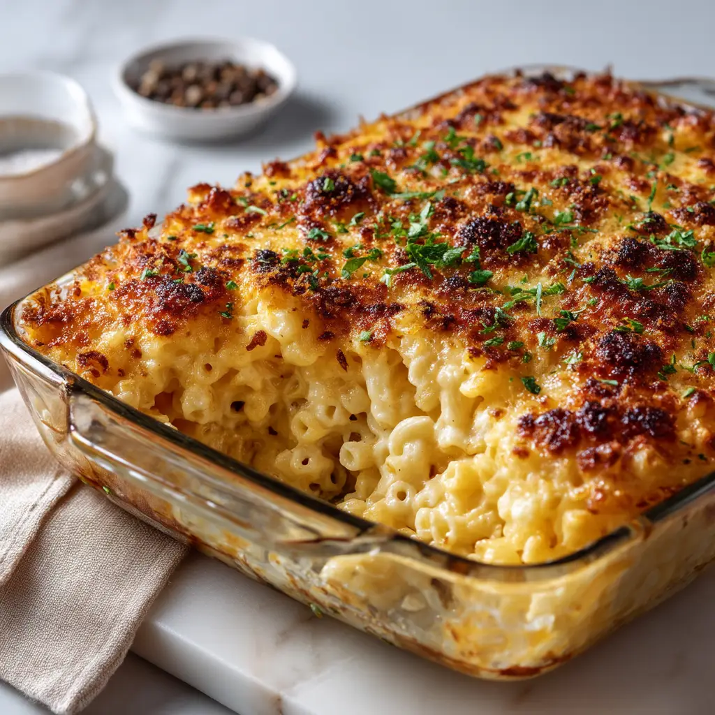 John Legend's Baked Mac and Cheese: The Ultimate Guide 1 A spoonful of creamy homemade mac and cheese being lifted from a baking dish, showcasing the gooey, cheesy texture.