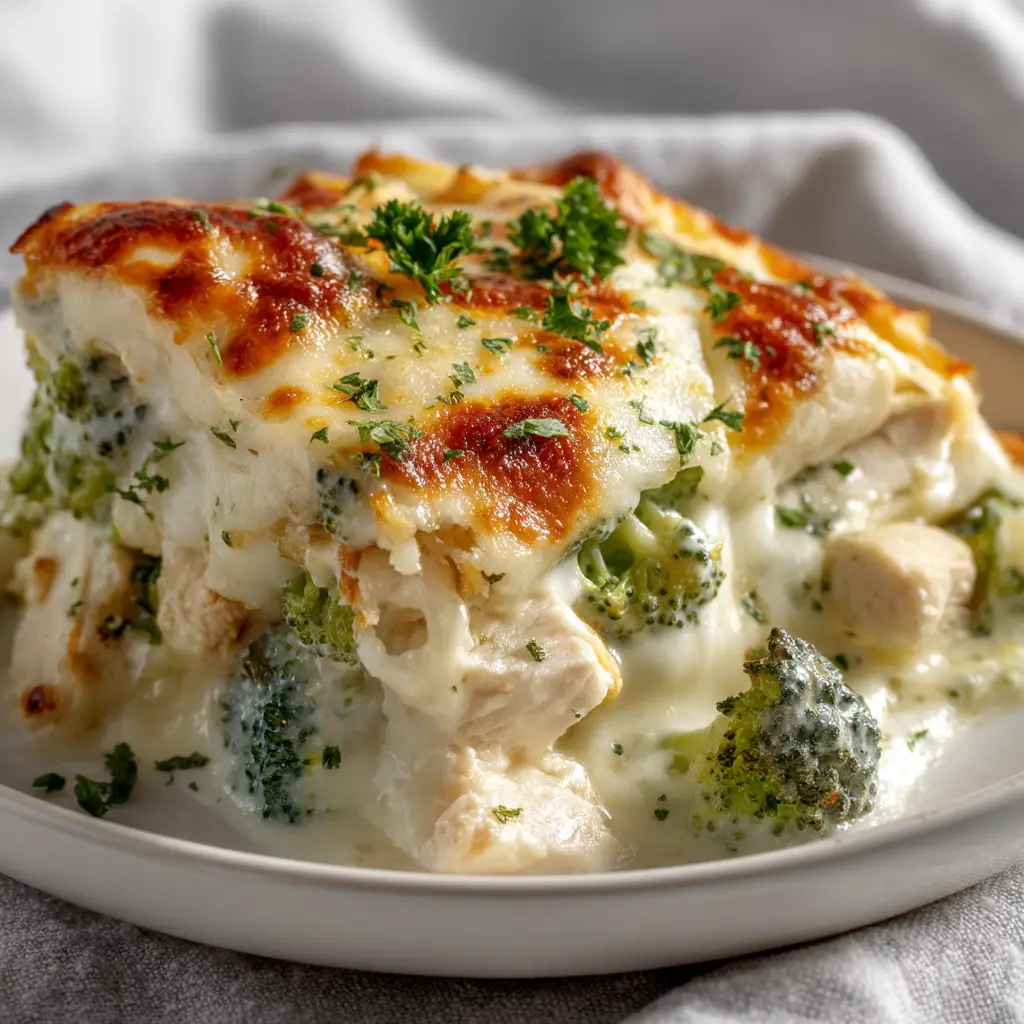 A close-up shot of the creamy keto alfredo sauce simmering in a skillet with chicken and broccoli florets before baking.