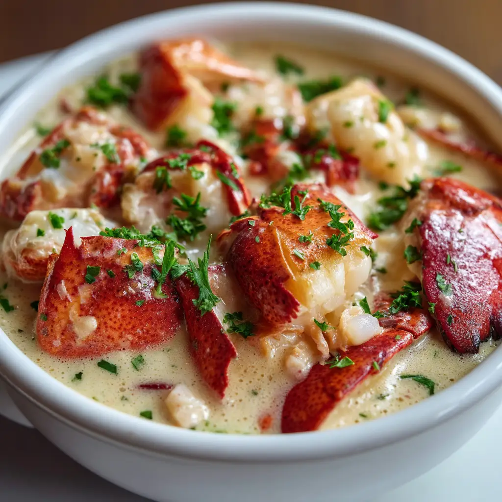 Lobster Pot Pie Recipe (That's Impressive and Easy!) 2 A close-up view of the creamy lobster pot pie filling, with tender chunks of lobster, sweet peas, and carrots.
