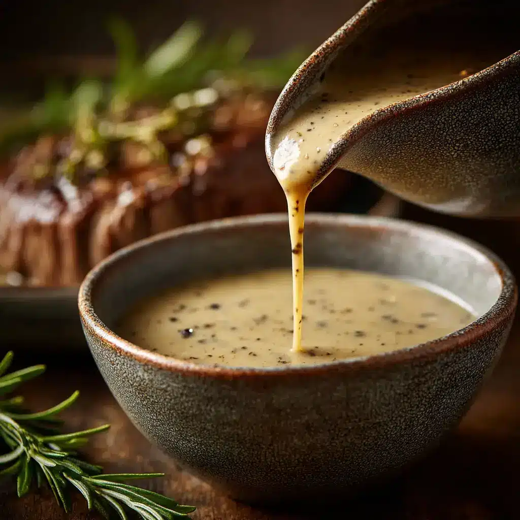 An eye-level close-up shot of creamy peppercorn sauce in a white serving boat. The sauce is smooth and lightly colored, with visible specs of black pepper.