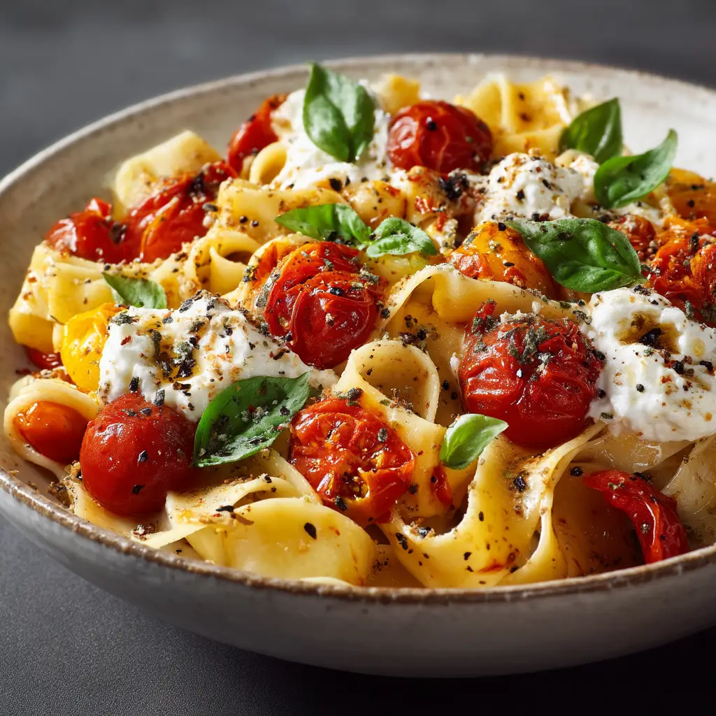 An extreme close-up shot of creamy roasted tomato pasta in a rustic white bowl, showing the texture of the rich tomato sauce clinging to the pasta.