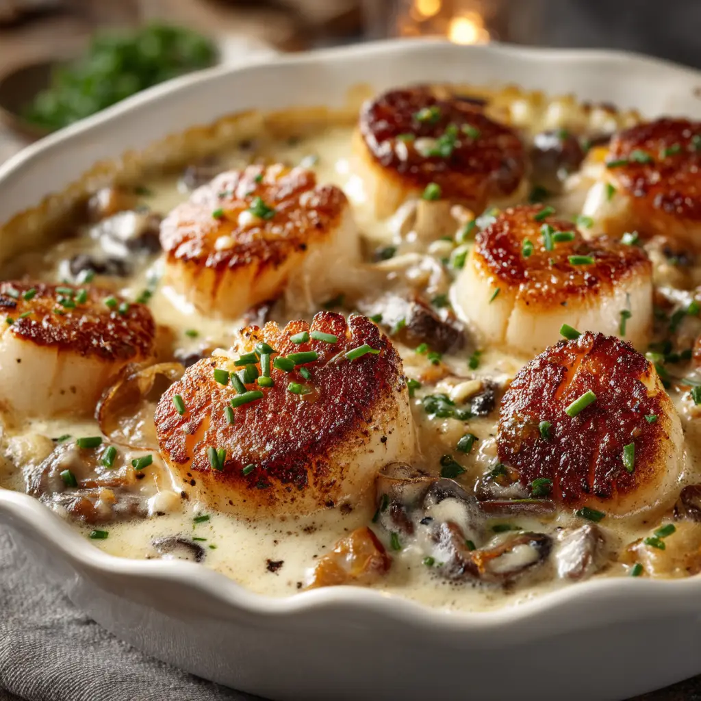 A close-up of the creamy seafood gratin, showcasing the texture of the tender shrimp, scallops, and fish in the rich white wine sauce before baking.