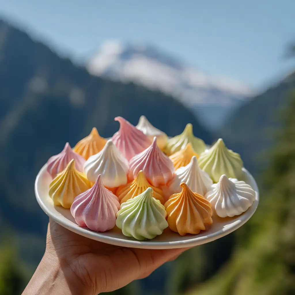 A freshly baked, crisp meringue cookie held between two fingers to show its light and airy texture.