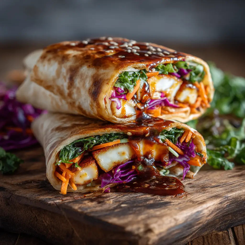 A close-up of a sweet chili halloumi wrap cut in half, revealing the perfectly cooked golden-brown halloumi cheese and fresh salad fillings.