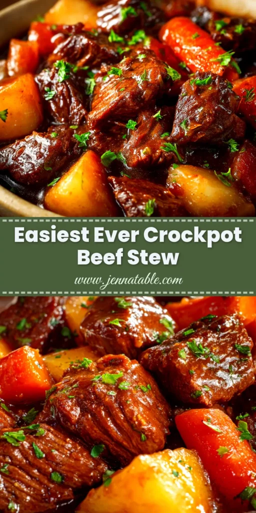 A large white bowl filled with hearty Crockpot Beef Stew, featuring tender chunks of beef, carrots, and potatoes in a rich gravy, garnished with fresh parsley.