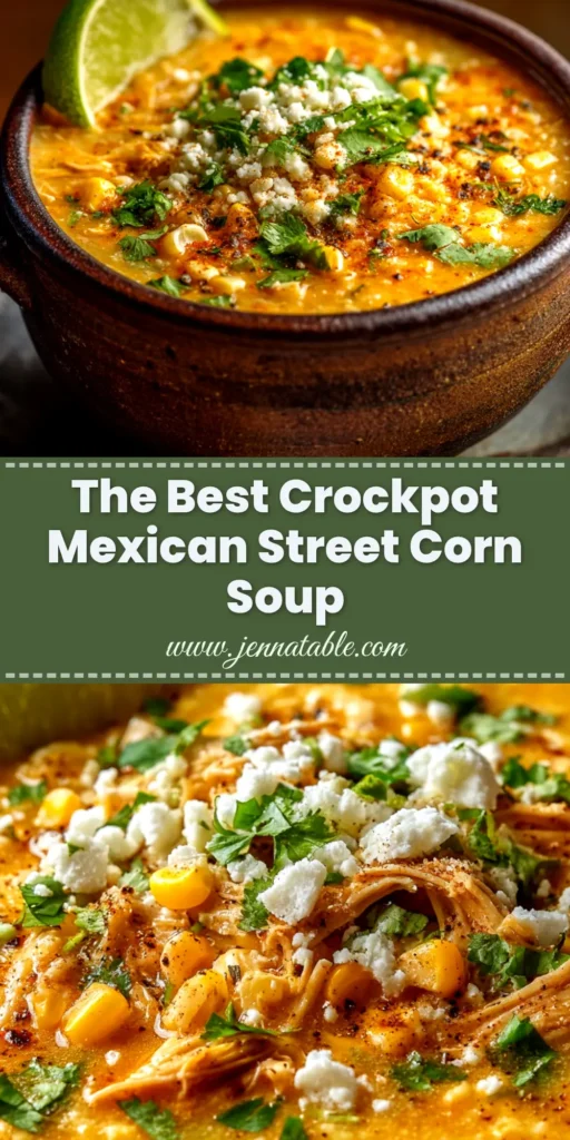A vibrant bowl of Crockpot Mexican Street Corn Soup, topped with cotija cheese, cilantro, and chili powder, with a lime wedge on the side.